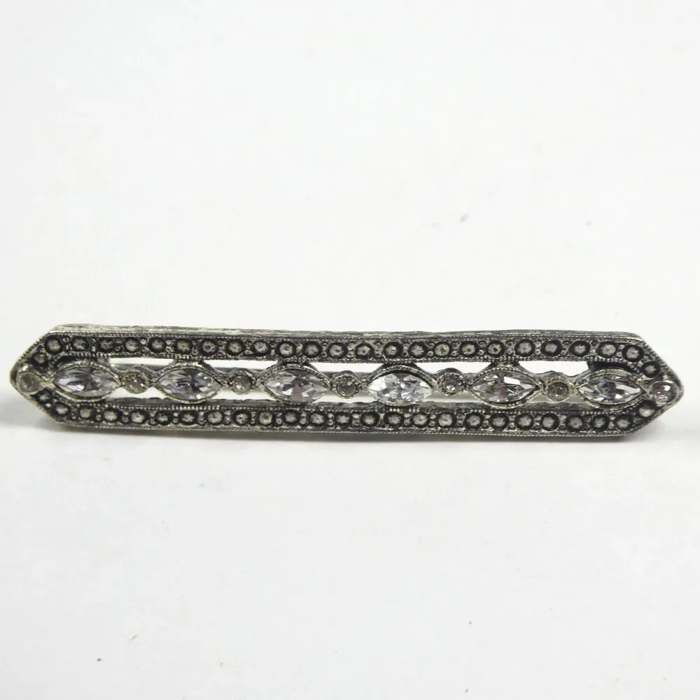 Vintage Bar Brooch Art Deco Silver Marcasite Pierced Pin